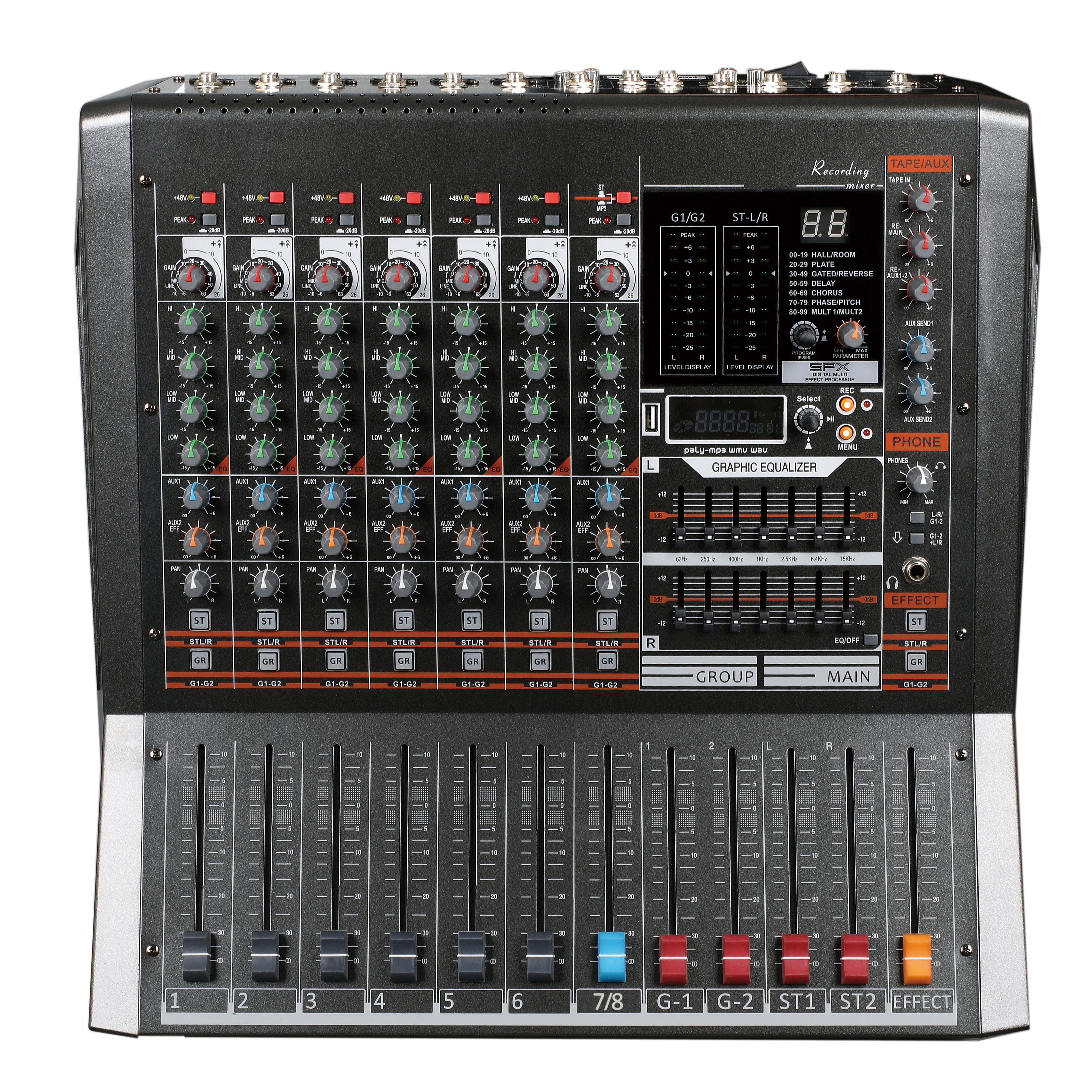 KCT-6080 8 Channel Professional Audio Mixer 2 Group 6 Bus Built-in MP3 Player Lexcoin Effect 48V Phantom Power 7 Band Graphic EQ Mixing Console