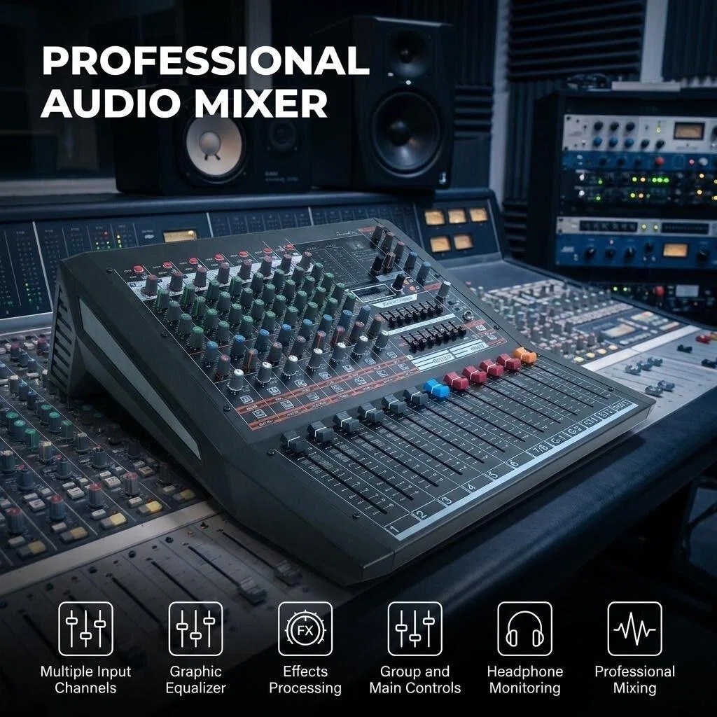 KCT-6080 8 Channel Professional Audio Mixer 2 Group 6 Bus Built-in MP3 Player Lexcoin Effect 48V Phantom Power 7 Band Graphic EQ Mixing Console