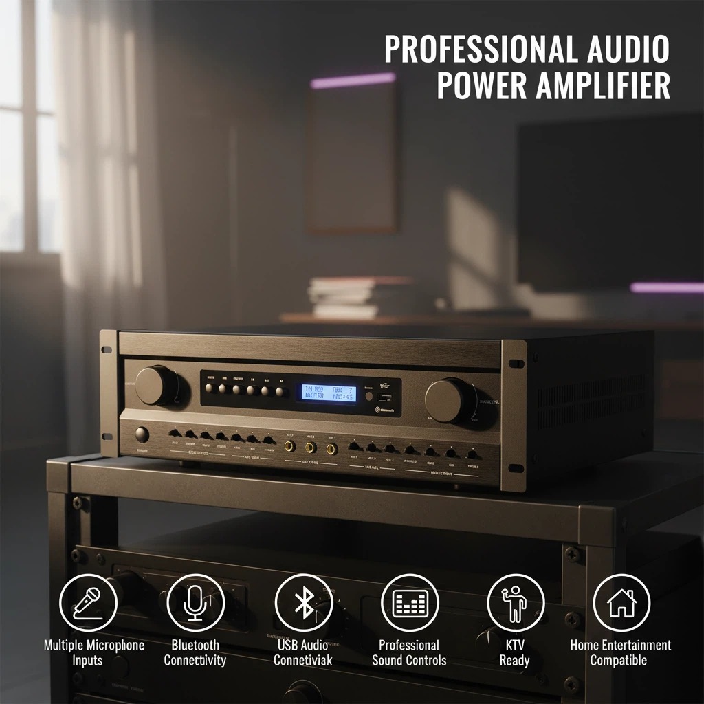 KCK-8200 2×200W Professional Karaoke Power Amplifier 3U Chassis DSP Digital Reverberation Bluetooth 5.0 Optical Coaxial ARC USB SD Microphone Anti-Howling Amplifier