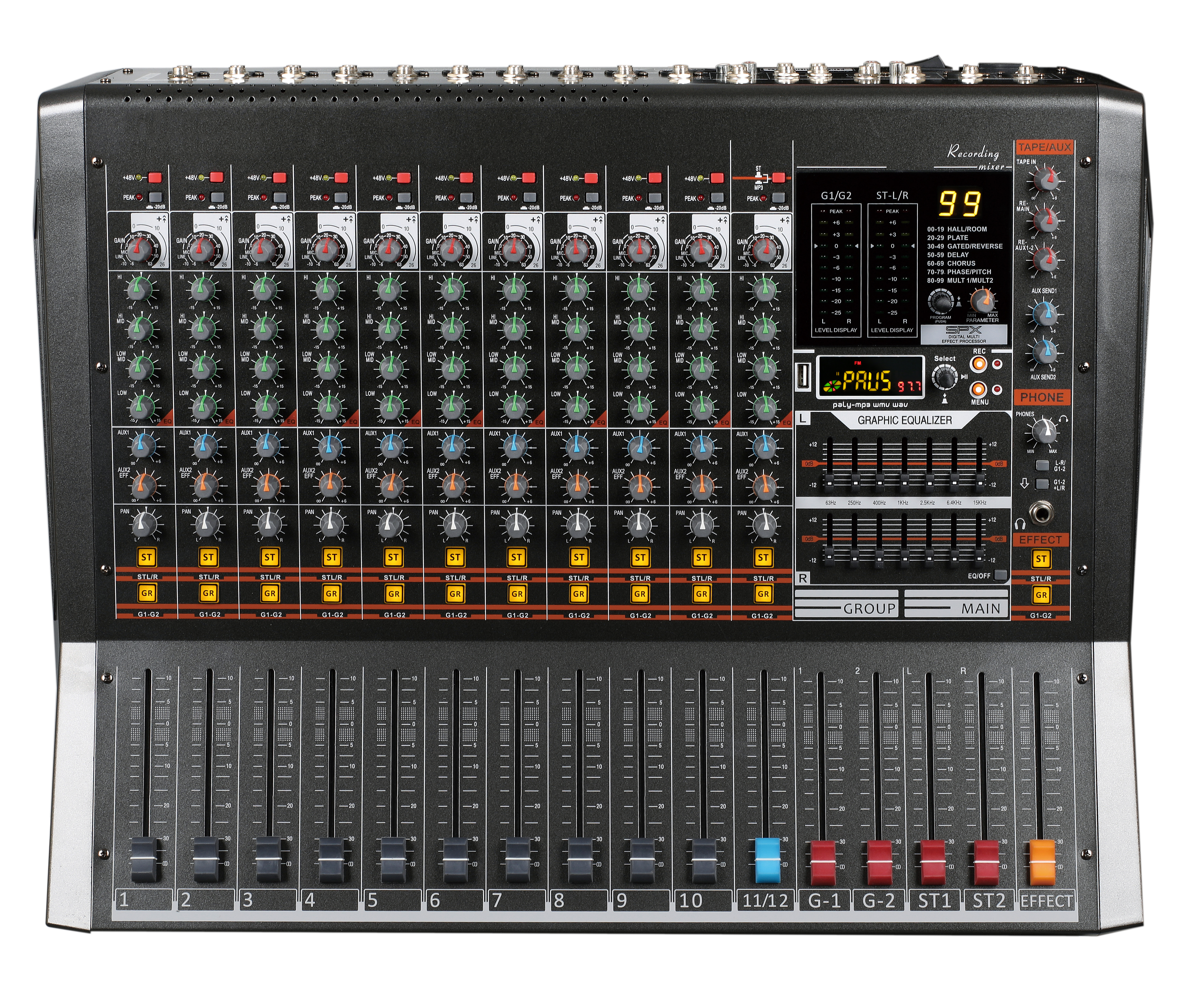 KCT-6012 12CH Studio Mixing Console 4 Band EQ AUX Send Return Long Stroke Fader Wide Voltage 80-240V Audio Mixer