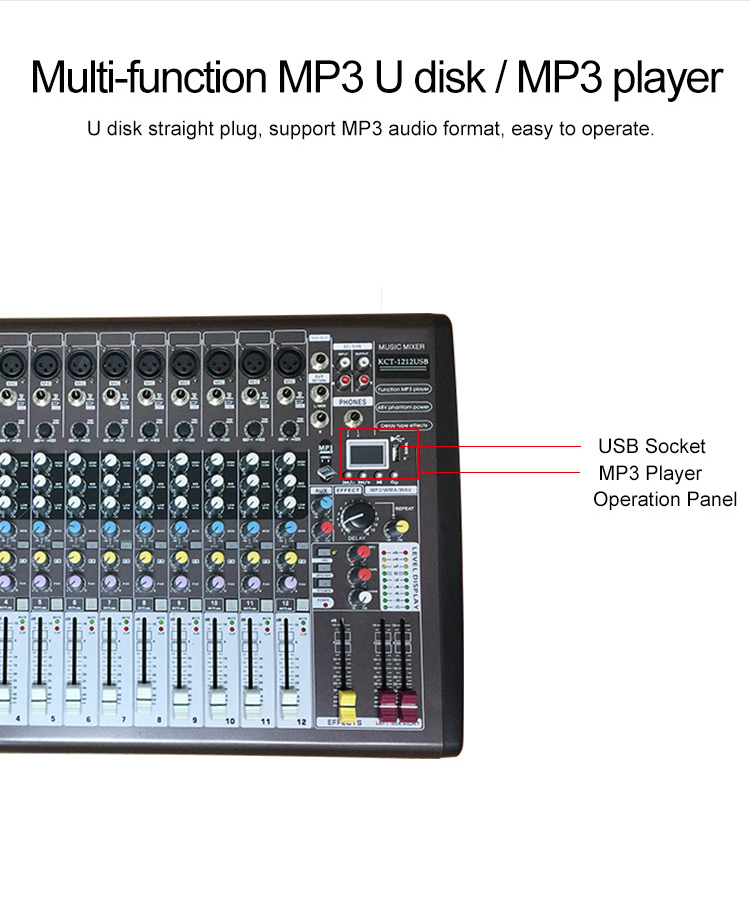 Professional 12-Channel Audio Mixing Console KCT-1212USB With AUX Send Return Stereo Record Output Monitor Function