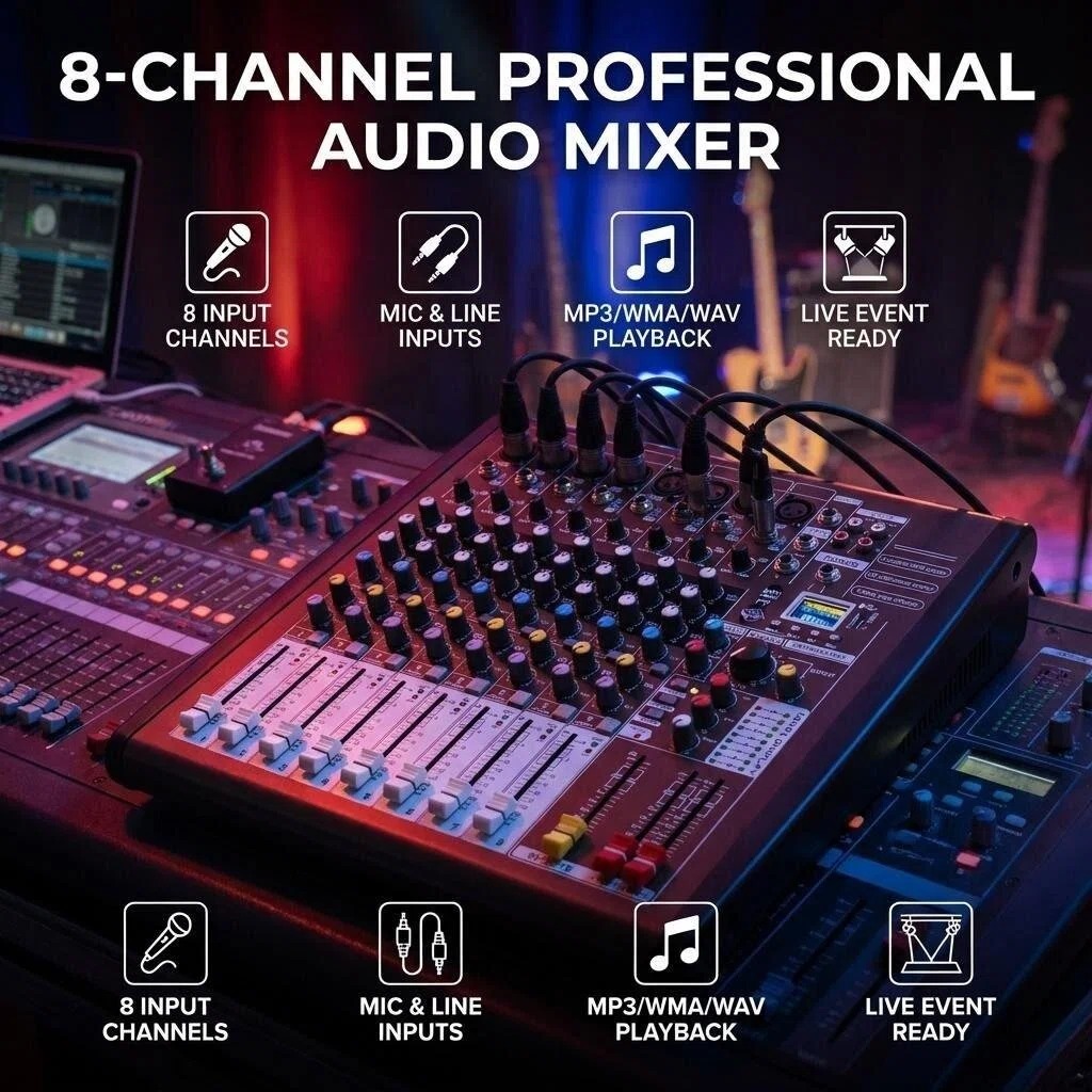 KCT-1208USB 8CH Studio Mixing Console With MP3 Player Lyrics Display 48V Phantom Power Multi-bus Output Professional Audio Mixer