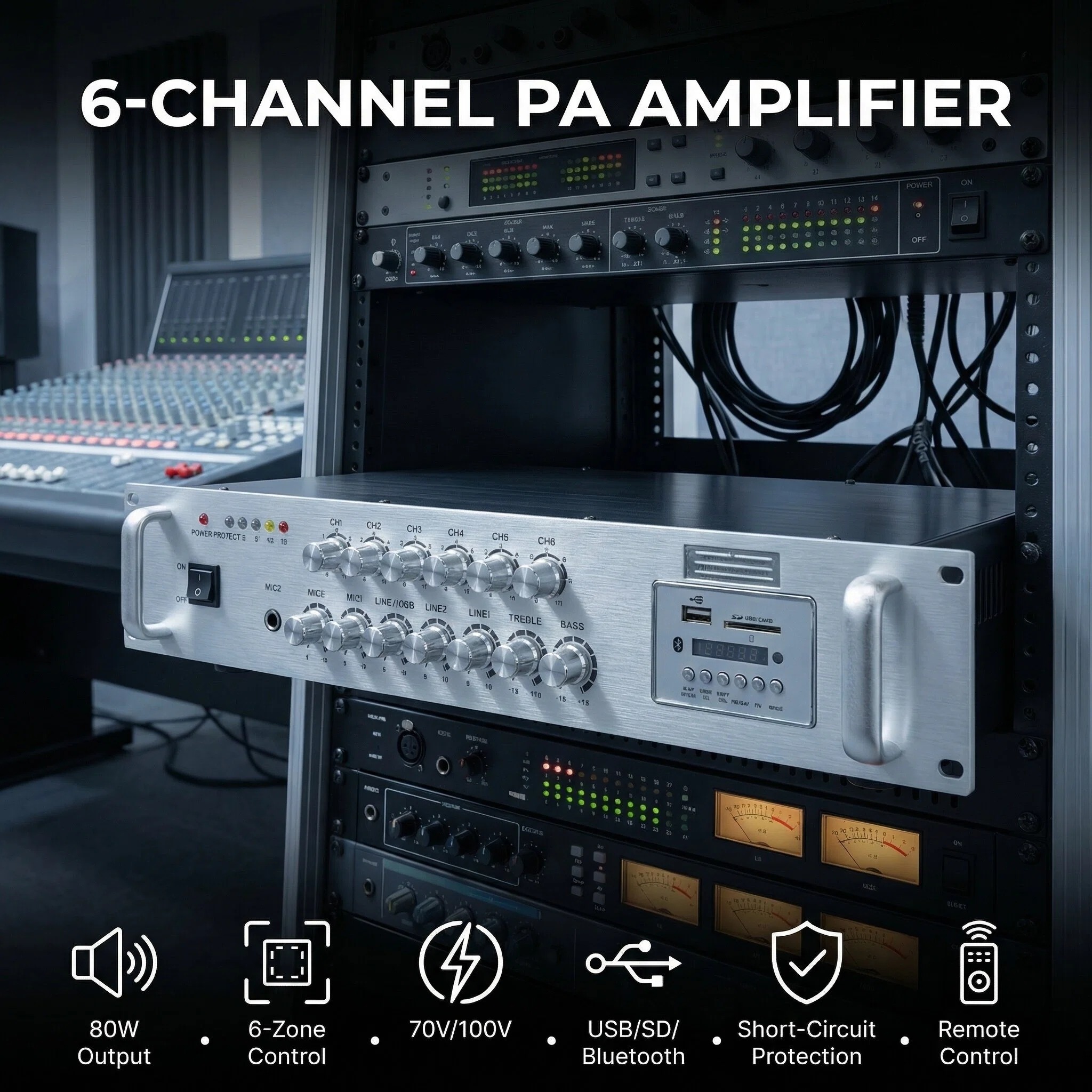 Professional 80W 1-Channel Public Address Amplifier PA-5080USBD Aluminum Alloy with FM Radio