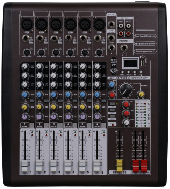 KCT-1206USB 6 Channel Professional Audio Mixer Built-in MP3 Player 48V Phantom Power 3-Band EQ Delay Repeat Effect 4 Bus Mixing Console
