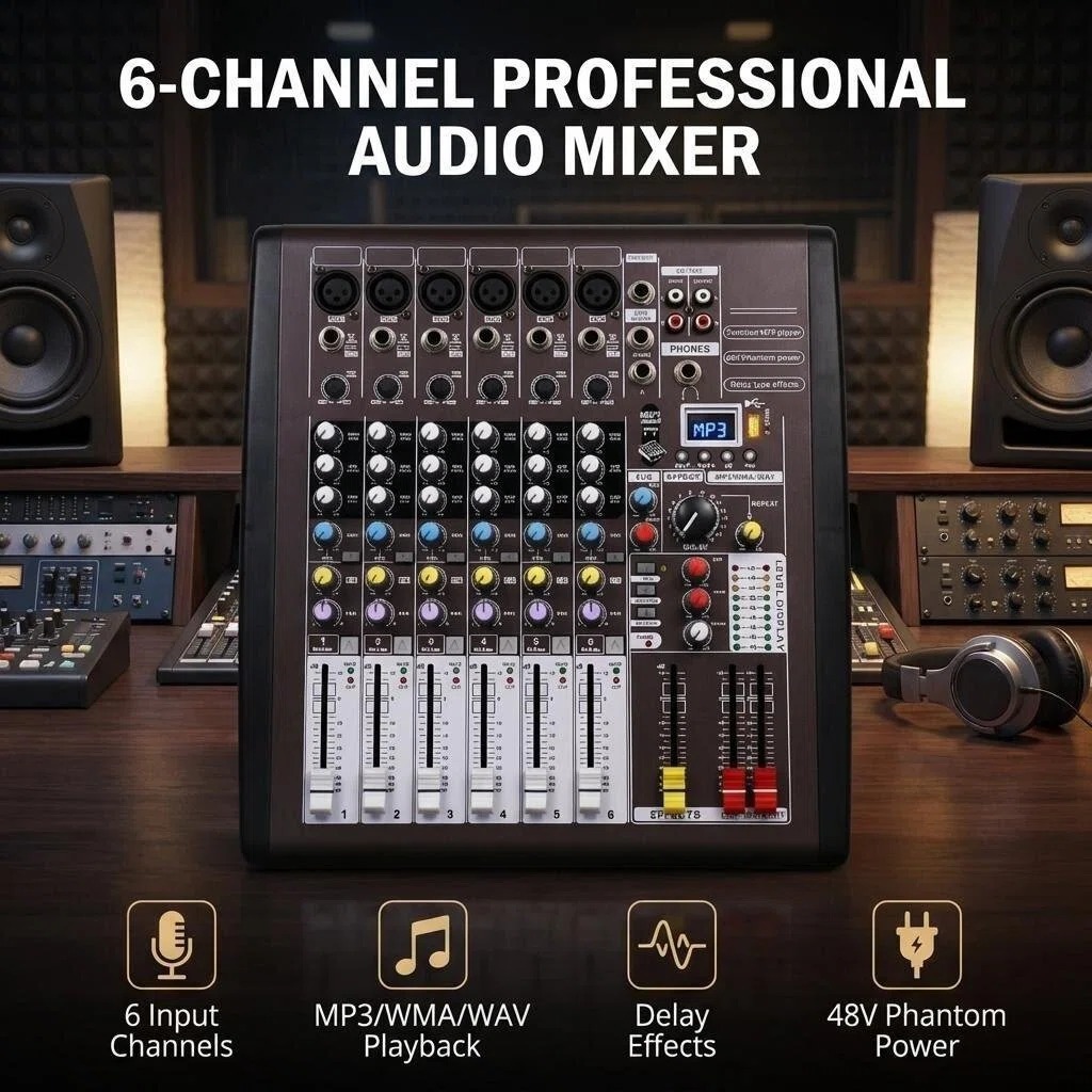 KCT-1206USB 6 Channel Professional Audio Mixer Built-in MP3 Player 48V Phantom Power 3-Band EQ Delay Repeat Effect 4 Bus Mixing Console