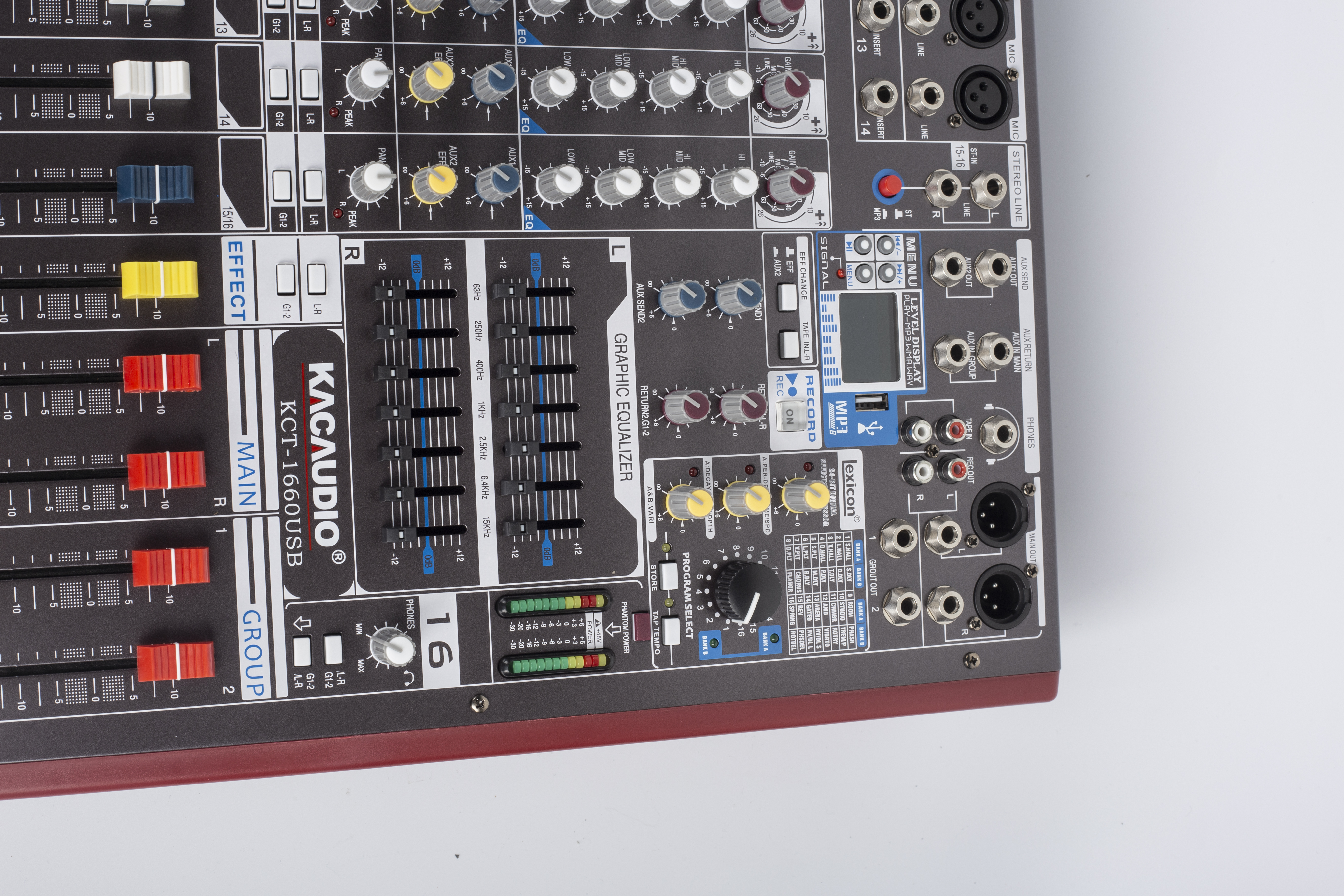 KCT-1660USB 14 Channel Audio Mixer 2 Group 6 Bus Lexcoin Effect 48V Phantom Power 7 Band Graphic EQ 100mm Long Fader Mixing Console