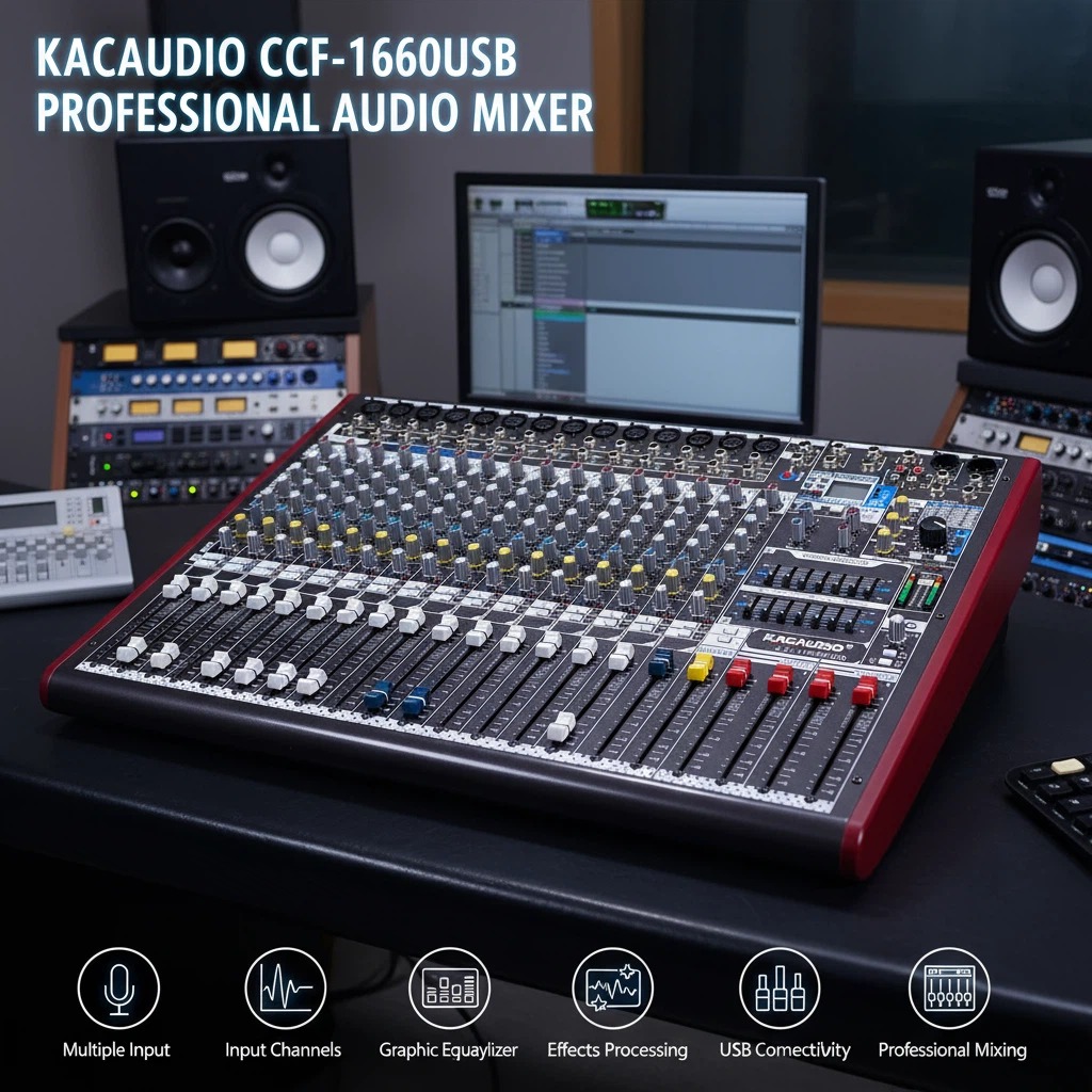 KCT-1660USB 14 Channel Audio Mixer 2 Group 6 Bus Lexcoin Effect 48V Phantom Power 7 Band Graphic EQ 100mm Long Fader Mixing Console