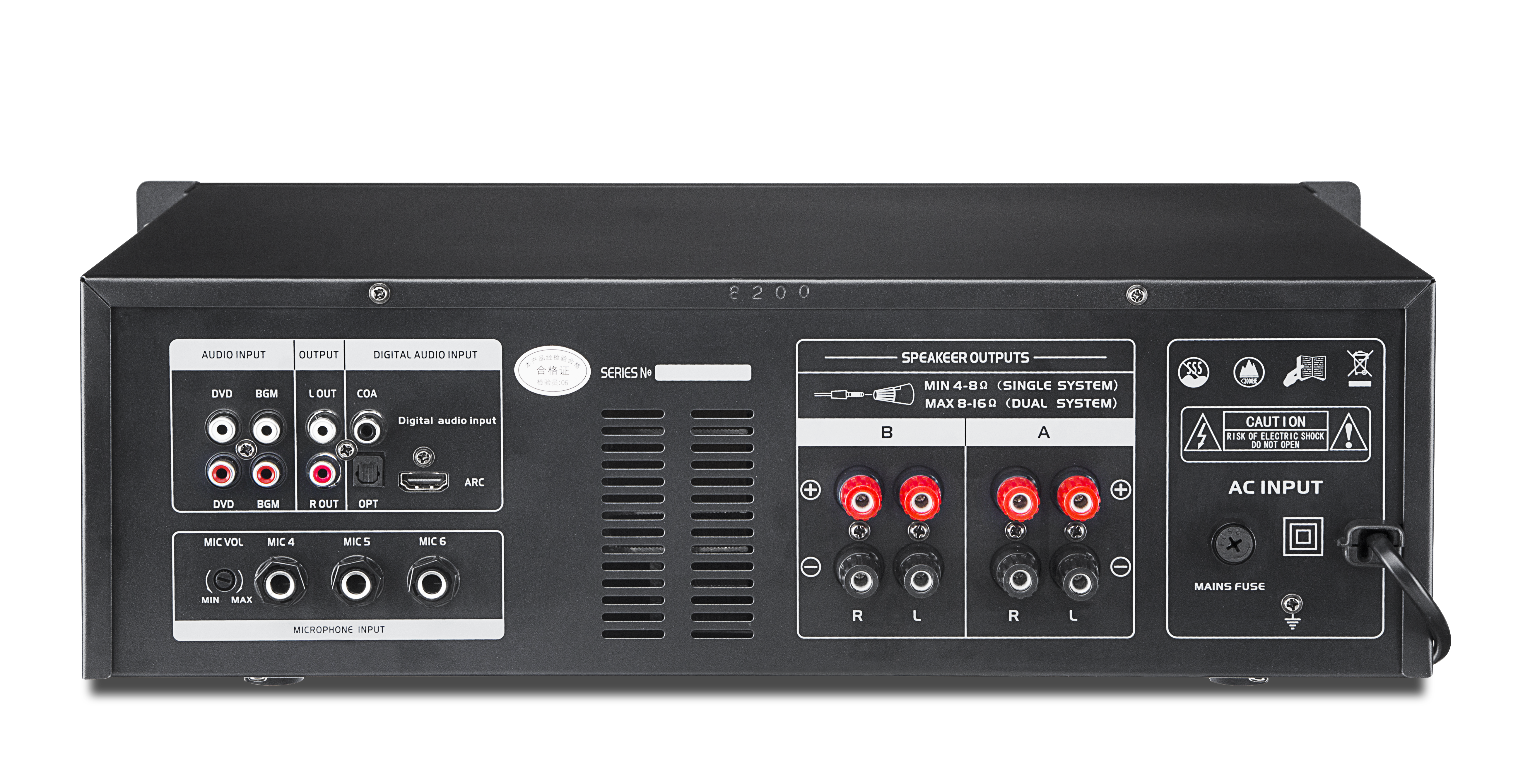 KCK-8200 2×200W Professional Karaoke Power Amplifier 3U Chassis DSP Digital Reverberation Bluetooth 5.0 Optical Coaxial ARC USB SD Microphone Anti-Howling Amplifier