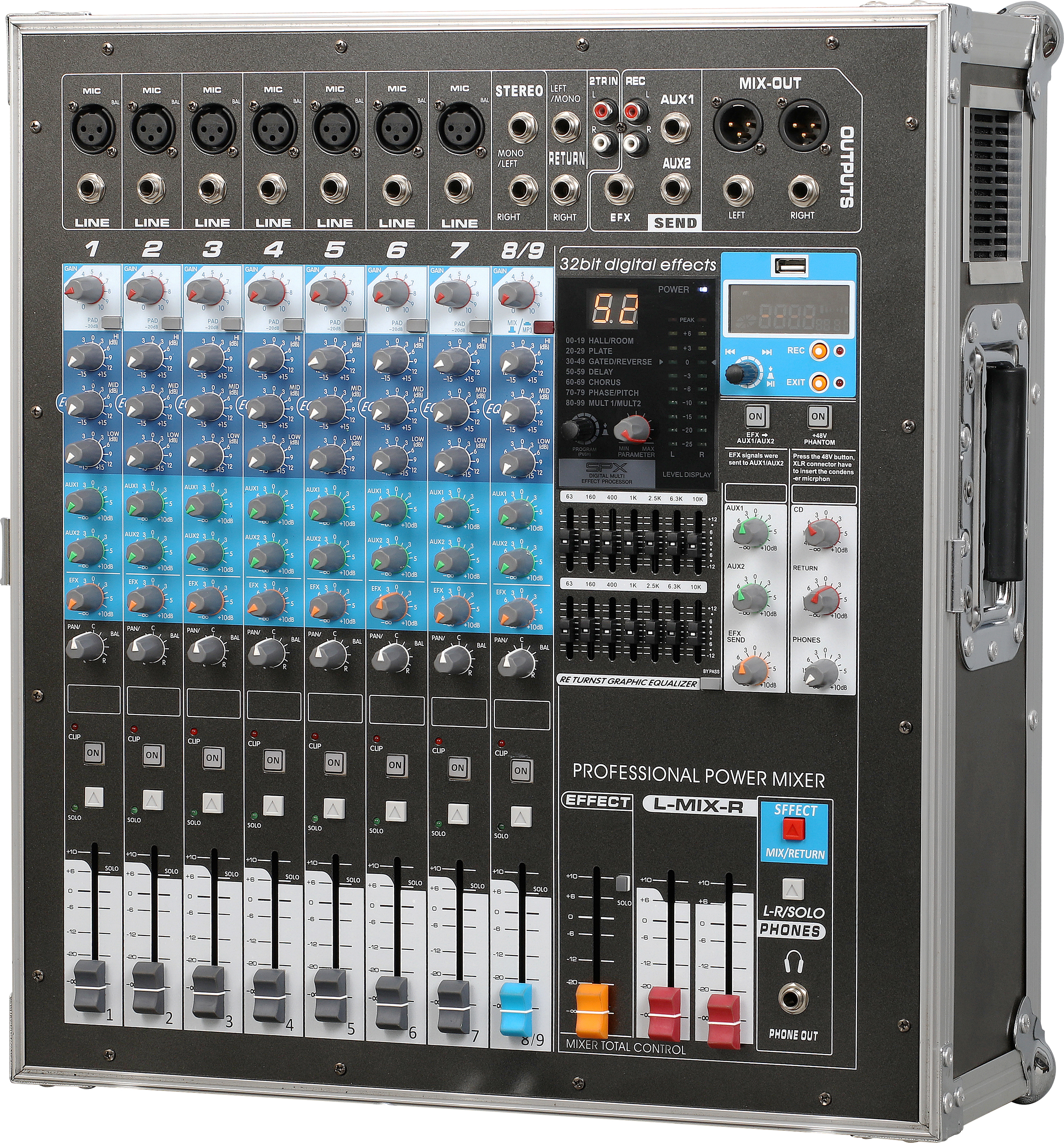 KCT-1990DSP Flight Case Powered Mixer 7 Line Input 650W×2 4Ohm Built-in Delay Repeat Effect 48V Phantom Power